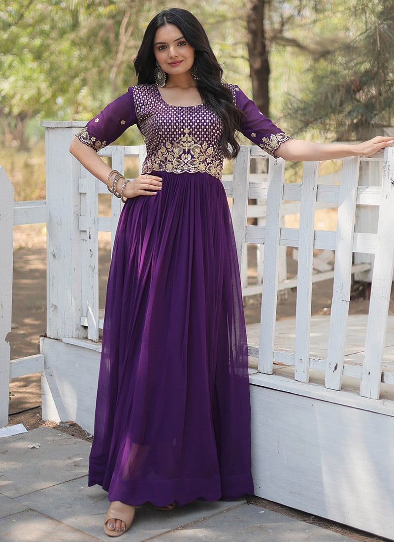 Stunning Purple Georgette Anarkali Gown With Sequins Embroidery