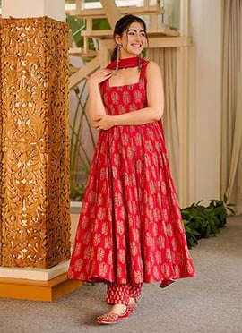 Stunning Red Muslin Heavy Digital Printed Anarkali Suit