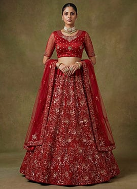 Stunning Red Net Embroidered Sequins Thread Umbrella Lehenga