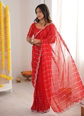 Stunning Red Net Sequins Cutdana Work Saree