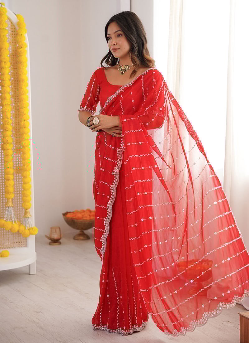 Stunning Red Net Sequins Cutdana Work Saree   Festive Wear