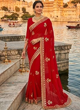 Stunning Red Royal Georgette Embroidered Gota Saree