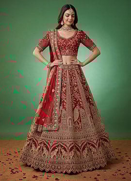 Stunning Red Silk Lehenga Set With Peacock Zari Embroidery And Sequins Work