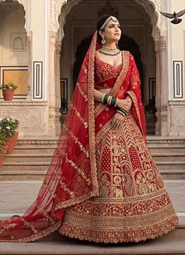 Stunning Red Silk Zari Embroidered Sequins Thread Umbrella Lehenga