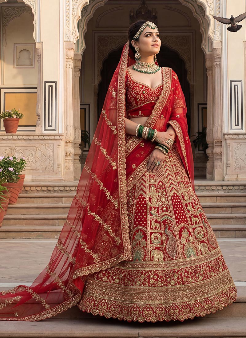 Stunning Red Silk Zari Embroidered Sequins Thread Umbrella Lehenga Wedding Wear