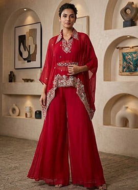 Stunning Red Viscose Chinon Embroidery Work Indowestern Set and Suit