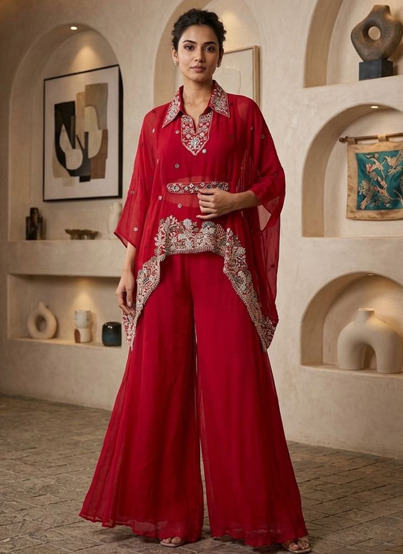 Stunning Red Viscose Chinon Embroidery Work Indowestern Set and Suit After Six Wear
