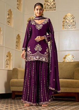 Stunning Royal Purple Georgette Zari Embroidered Sequins Sharara Suit