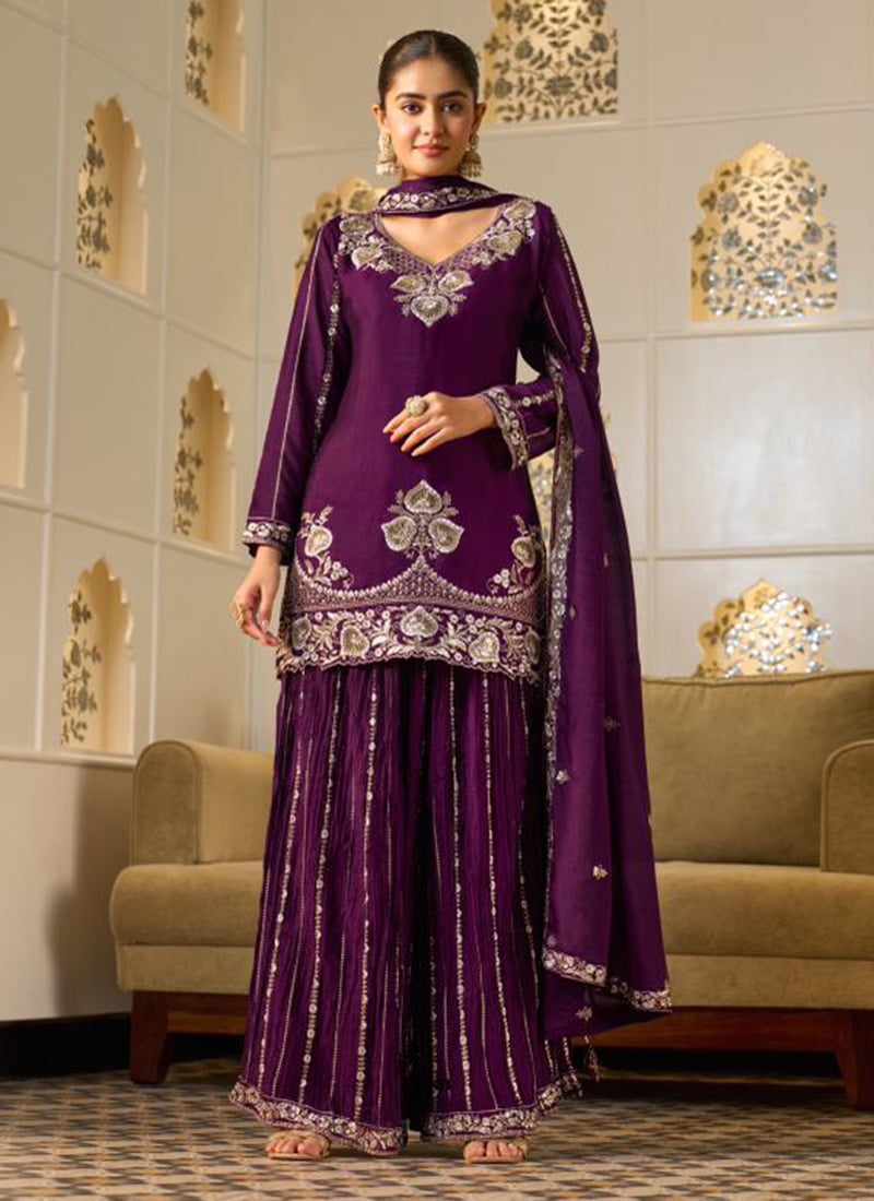 Stunning Royal Purple Georgette Zari Embroidered Sequins Sharara Suit Festive Wear