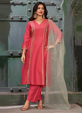 Stunning Salmon Pink Silk Suit With Lace Embroidered Details