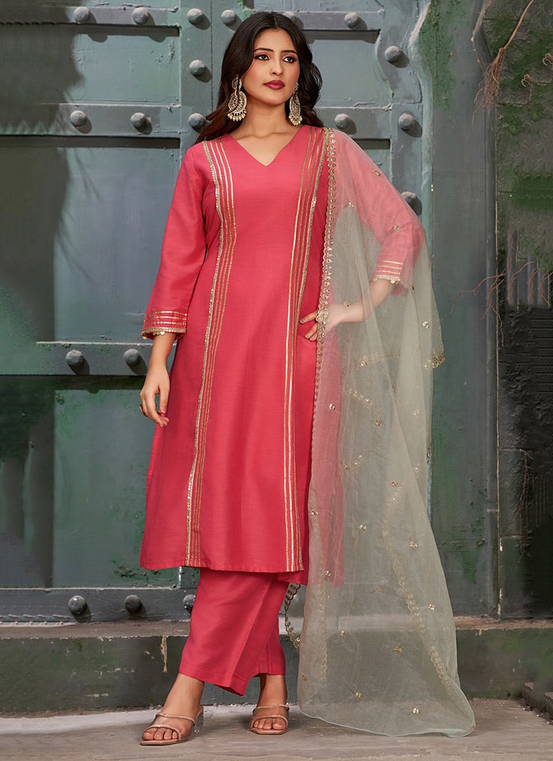Stunning Salmon Pink Silk Suit With Lace Embroidered Details Festive Wear