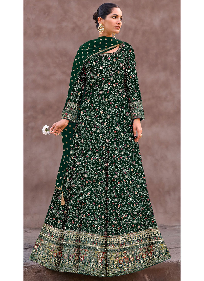 Stunning Silhouette In Green Georgette Embroidered Sequins A Line Anarkali Suit Wedding Wear