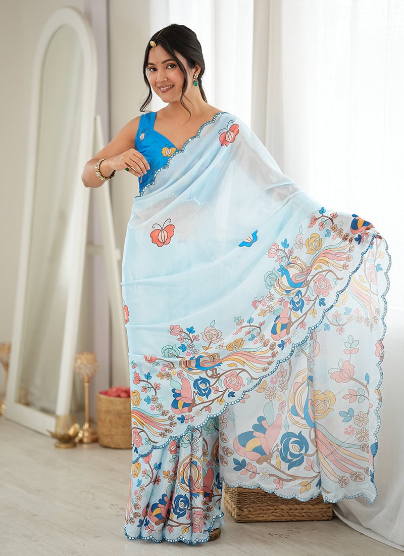 Stunning Sky Blue Chinon Mirror Work Printed Saree After Six Wear