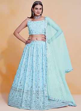 Stunning Sky Blue Faux Georgette Zari Embroidered Sequins Umbrella Lehenga
