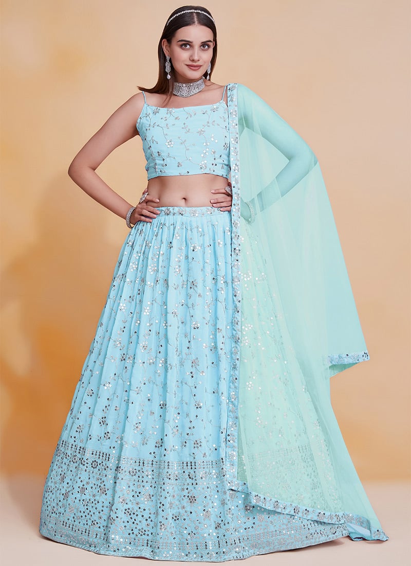 Stunning Sky Blue Faux Georgette Zari Embroidered Sequins Umbrella Lehenga Wedding Wear