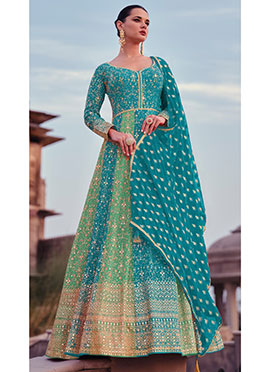 Stunning Sky Blue Georgette Embroidered Sequins A Line Anarkali Suit