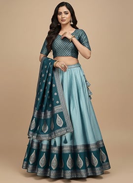 Stunning Sky Blue Kanchipuram Silk Zari Jacquard Umbrella Lehenga