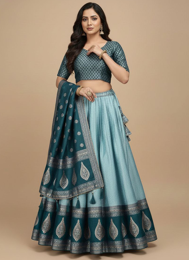 Stunning Sky Blue Kanchipuram Silk Zari Jacquard Umbrella Lehenga Wedding Wear