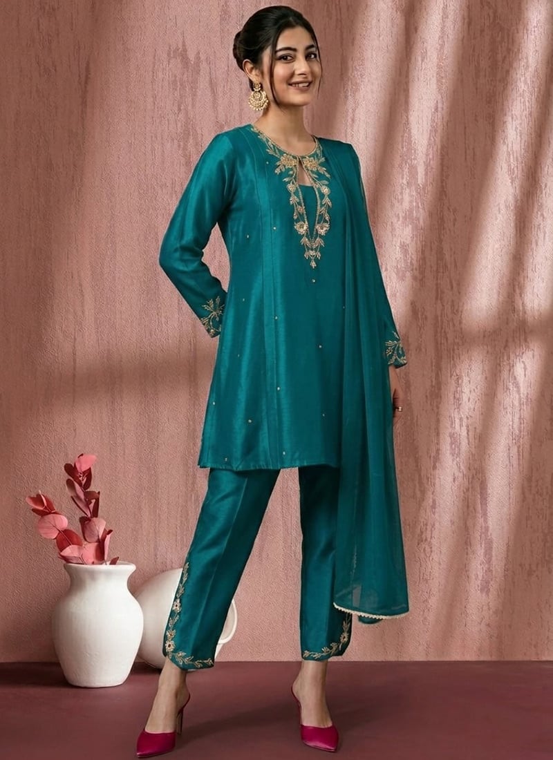 Stunning Teal Art Silk Zari Sequins Straight Pant Suit After Six Wear