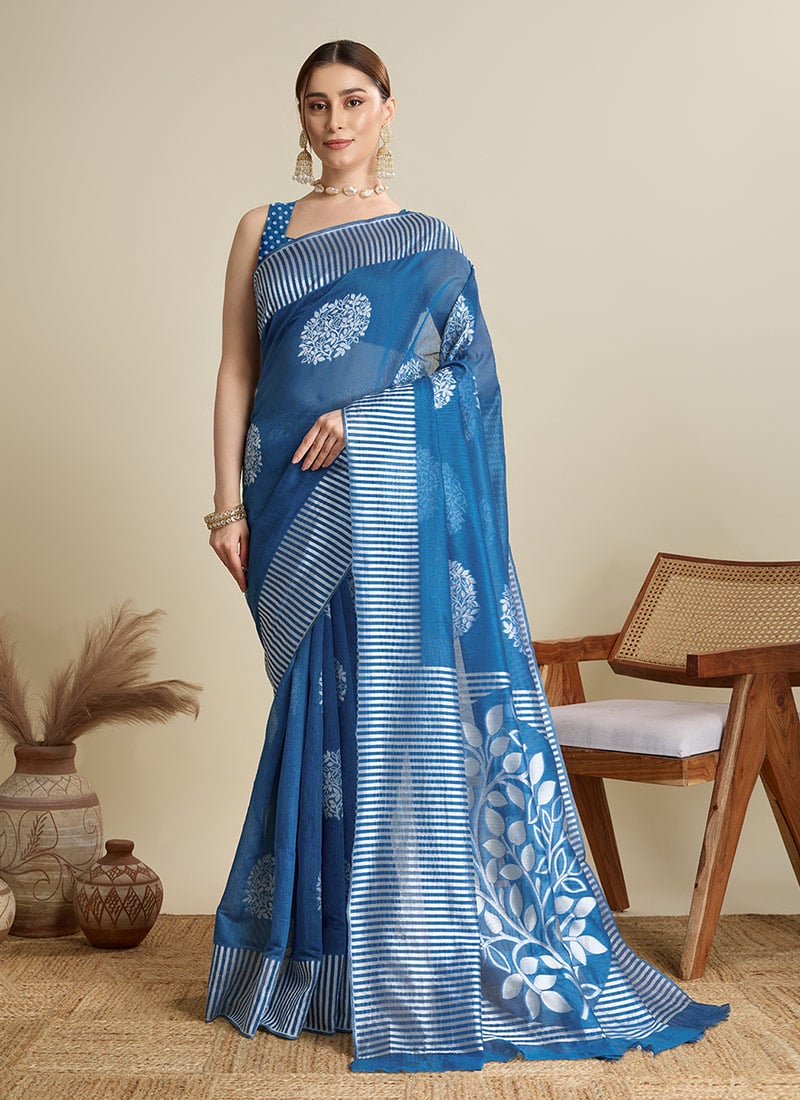 Stunning Teal Blue Silk Saree Festive Wear