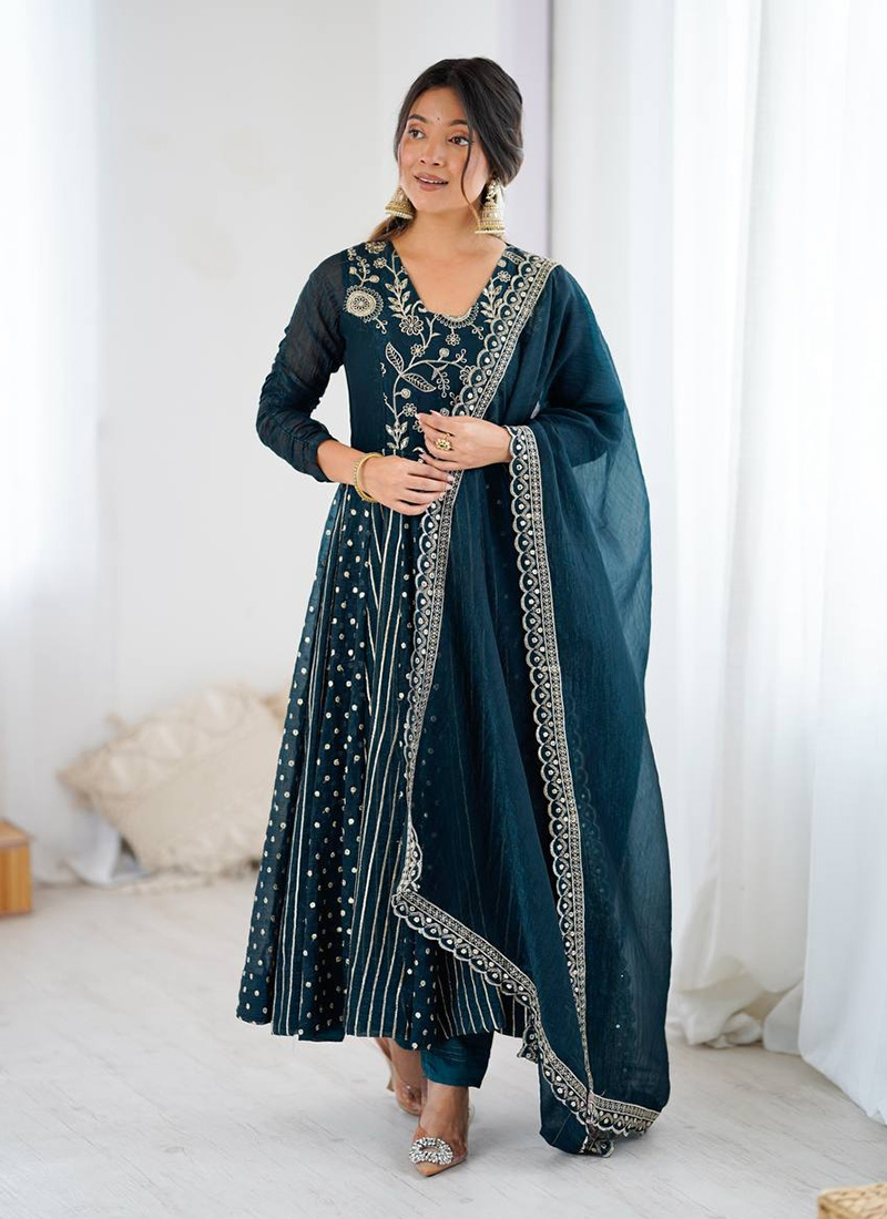 Stunning Teal Crunchy Silk Embroidered Sequins Anarkali Suit Festive Wear