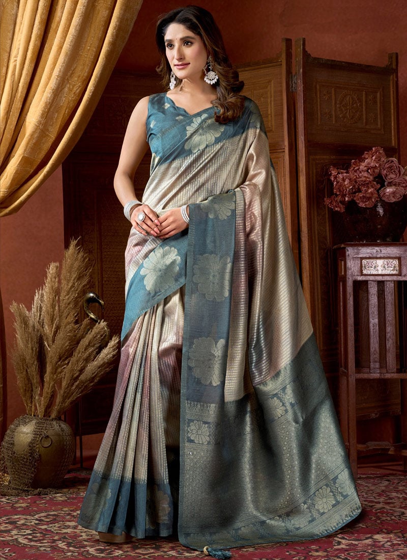Stunning Teal Kota Silk Jacquard Saree Festive Wear