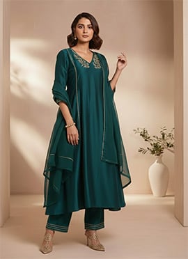 Stunning Teal Silk Sequins Hand Embroidered Anarkali Suit