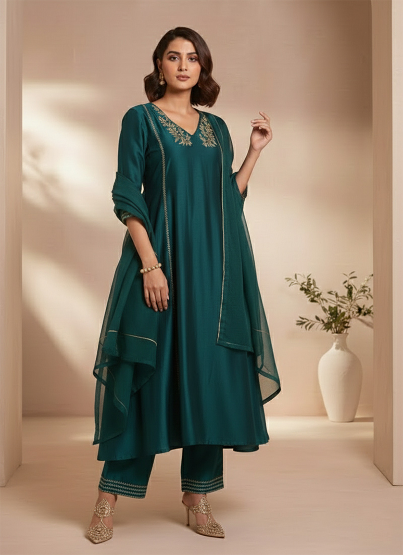 Stunning Teal Silk Sequins Hand Embroidered Anarkali Suit Festive Wear