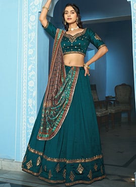 Stunning Teal Vichitra Silk Sequins Embroidered Thread Umbrella Lehenga