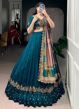 Stunning Teal Vichitra Silk Sequins Embroidered Umbrella Lehenga