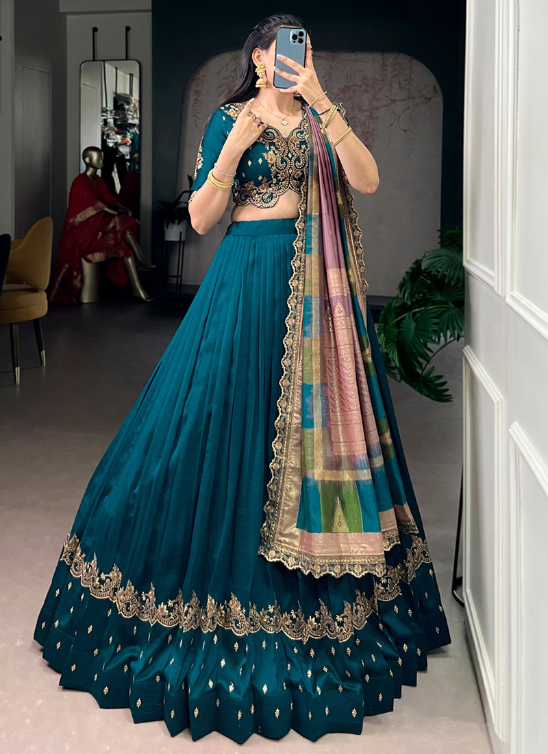 Stunning Teal Vichitra Silk Sequins Embroidered Umbrella Lehenga Wedding Wear