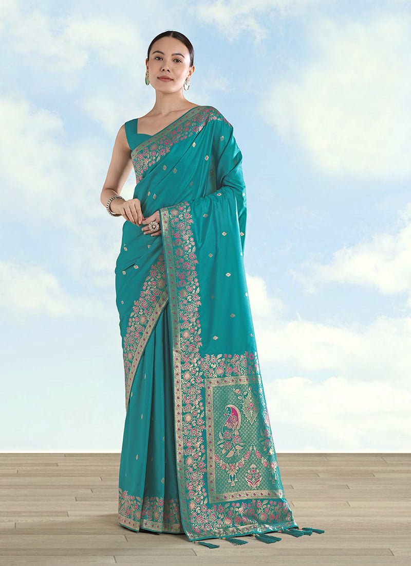 Stunning Turquoise Banarasi Satin Silk Zari Woven Saree Festive Wear