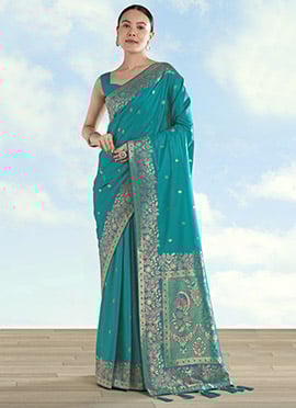 Stunning Turquoise Banarasi Satin Silk Zari Woven Saree