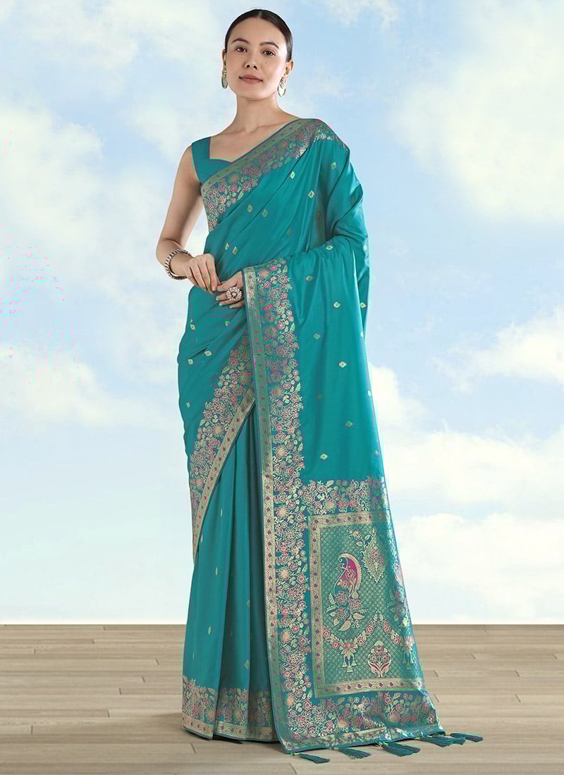 Stunning Turquoise Banarasi Satin Silk Zari Woven Saree Festive Wear