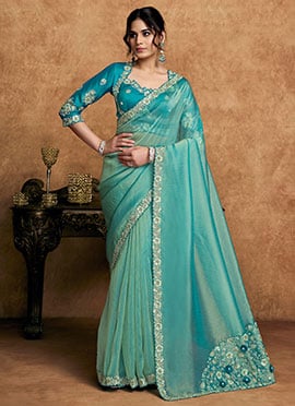 Stunning Turquoise Organza Satin Embroidered Stone Beads Sequins Zari Saree