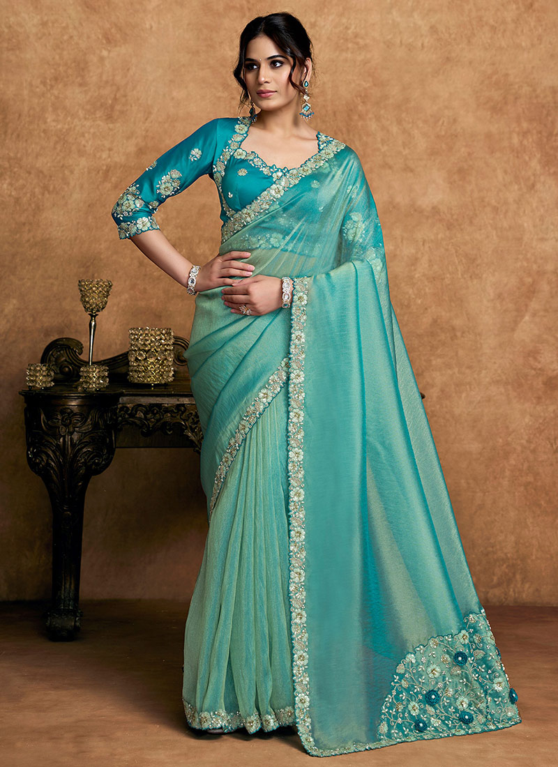 Stunning Turquoise Organza Satin Embroidered Stone Beads Sequins Zari Saree Wedding Wear