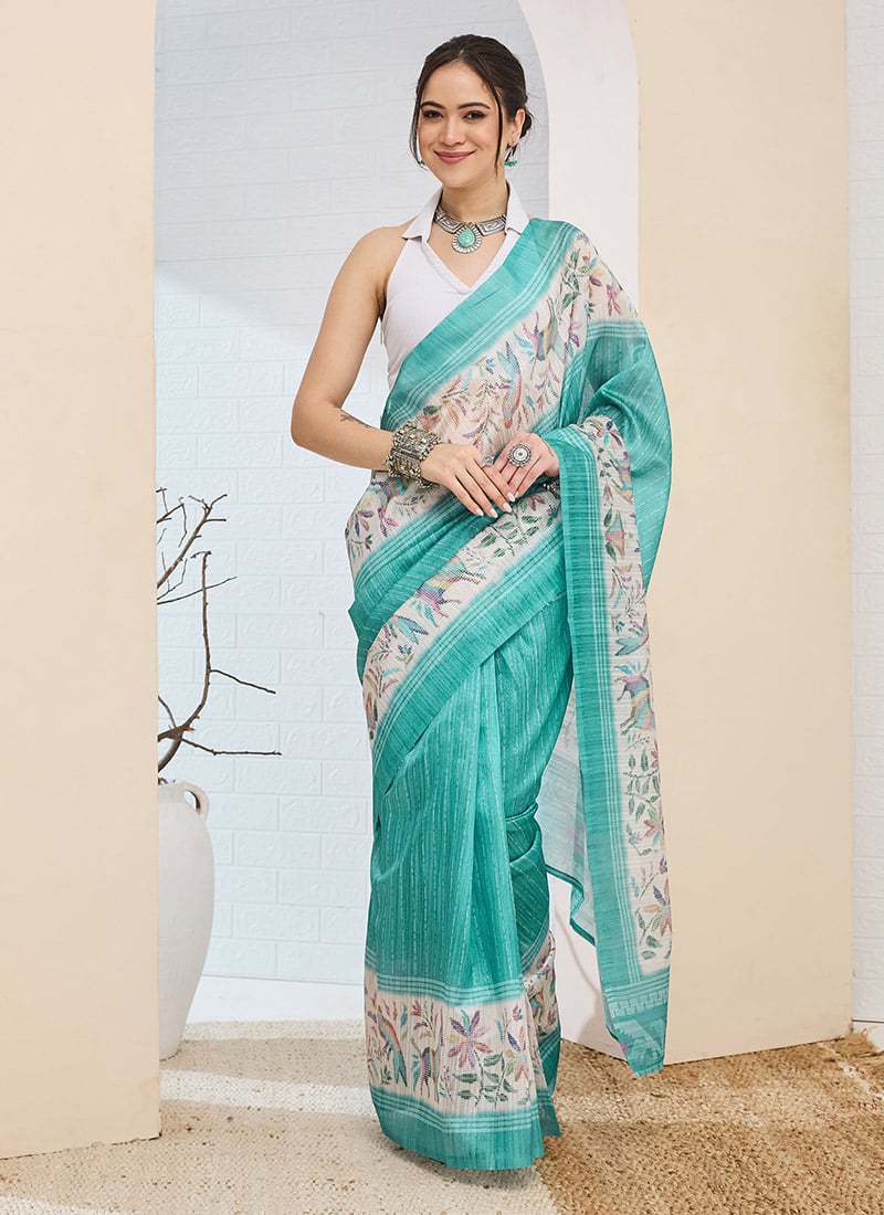 Stunning Turquoise Silk Blend Digital Print Saree After Six Wear