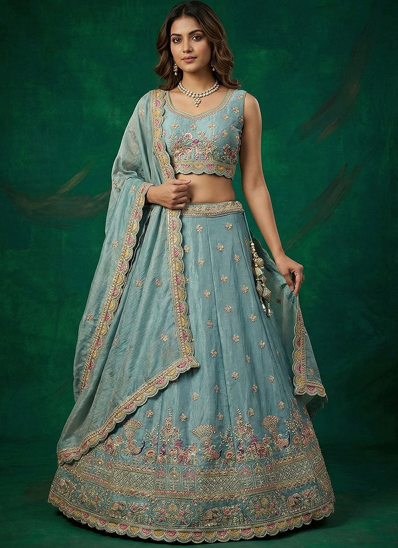 Stunning Turquoise Tissue Embroidered Umbrella Lehenga Wedding Wear