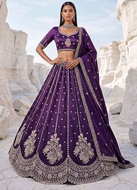 Stunning Violet Silk Embroidered Work Umbrella Lehenga