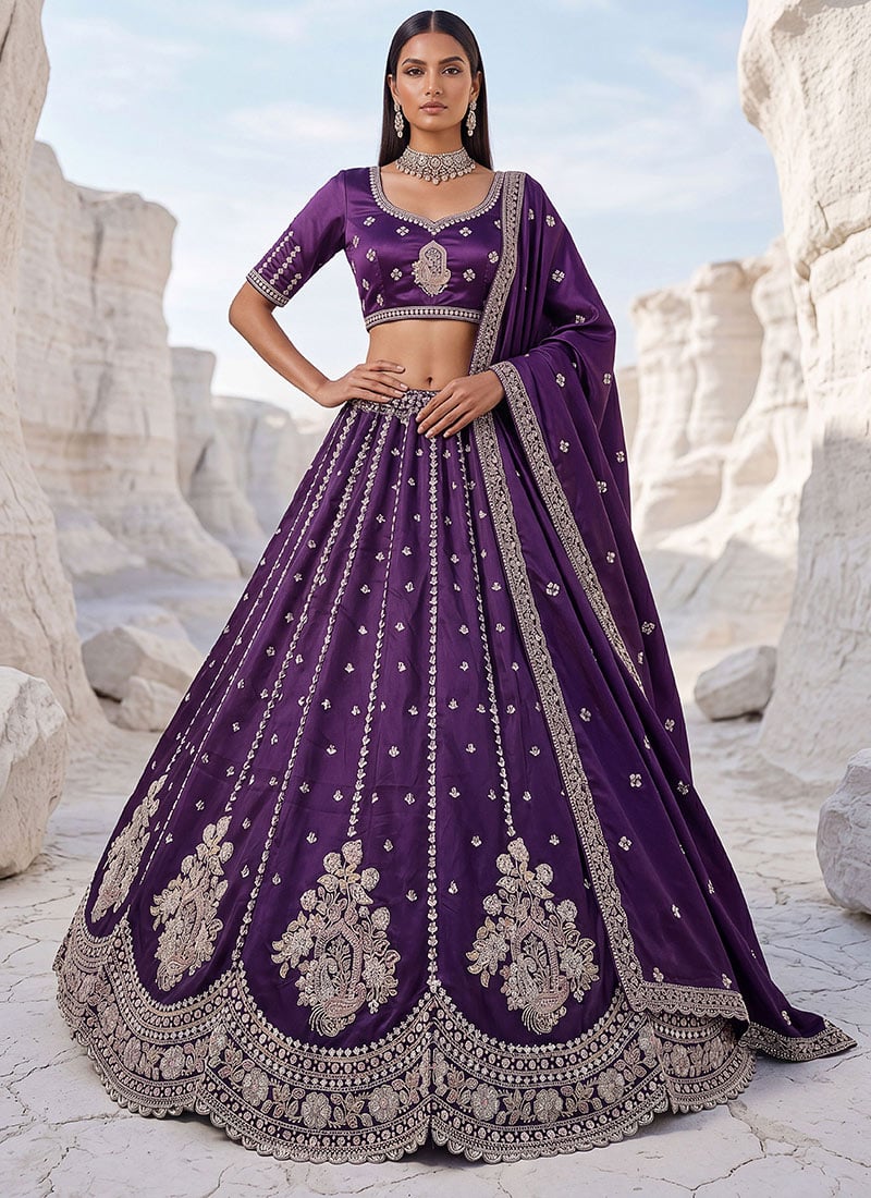 Stunning Violet Silk Embroidered Work Umbrella Lehenga Wedding Wear