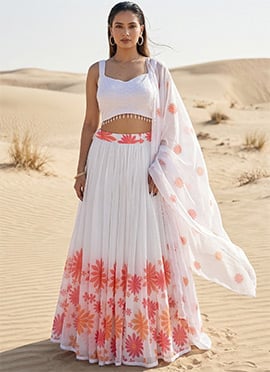 Stunning White Georgette Sequins Hand Painted Floral Print Umbrella Lehenga