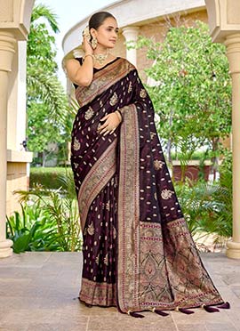 Stunning Wine Banarasi Silk Jacquard Woven Saree