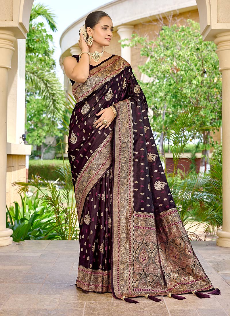 Stunning Wine Banarasi Silk Jacquard Woven Saree Festive Wear