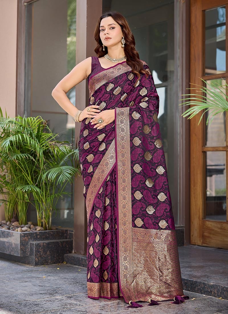 Stunning Wine Banarasi Silk Jacquard Woven Saree Festive Wear
