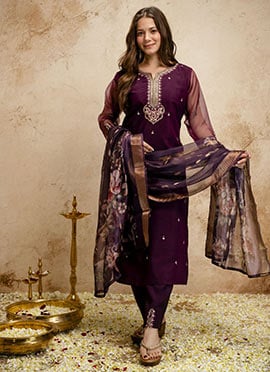 Stunning Wine Chanderi Embroidered Straight Pant Suit