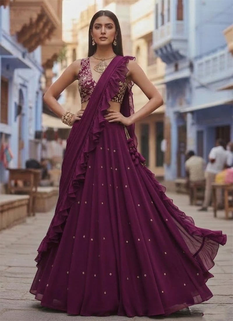 Stunning Wine Georgette Zari Sequins Cutdana Hand Embroidered Umbrella Lehenga Wedding Wear