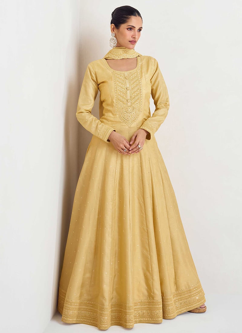 Stunning Yellow Anarkali Silk And Embroidered Sequins Embellished Festive Wear