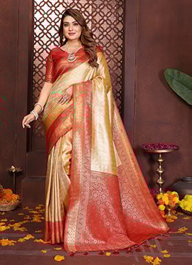 Stunning Yellow Banarasi Tissue Silk Jacquard Zari Woven Saree