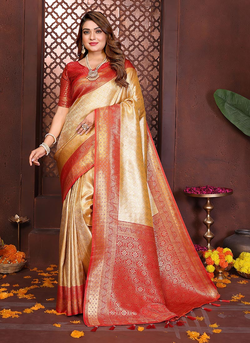 Stunning Yellow Banarasi Tissue Silk Jacquard Zari Woven Saree Festive Wear
