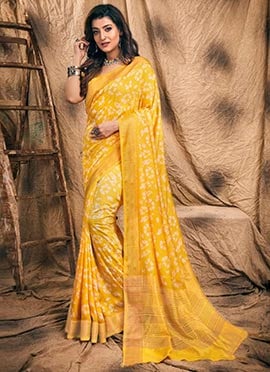 Stunning Yellow Chanderi Silk Batik Print Saree